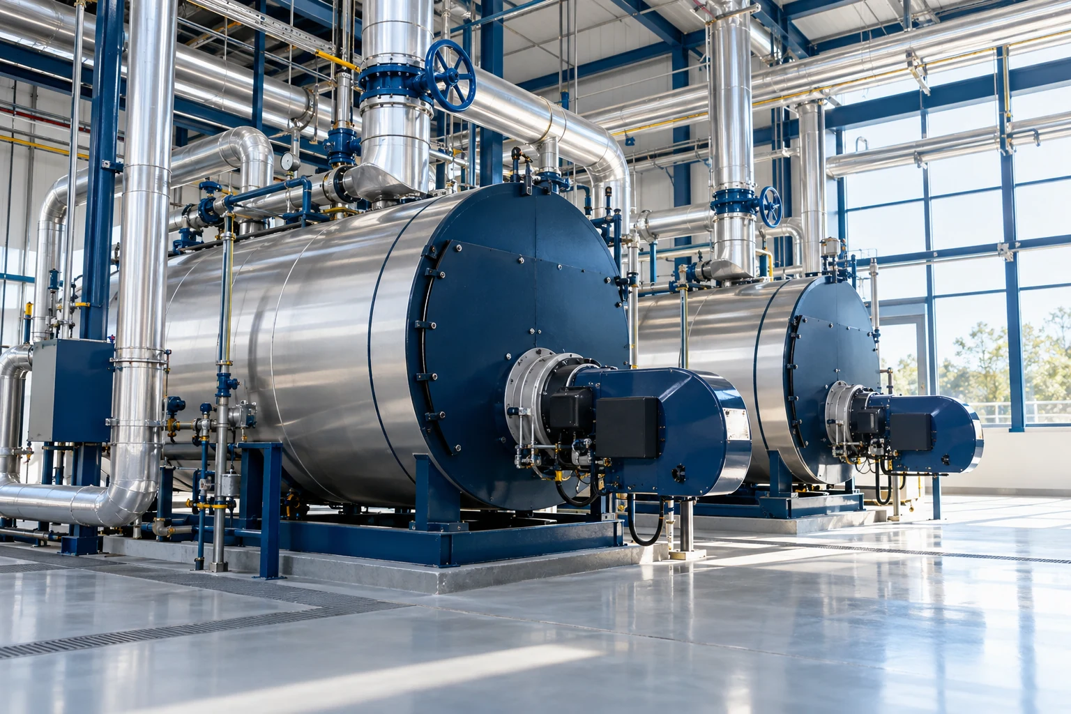 Illustrative industrial boiler room with insulated steam pipes