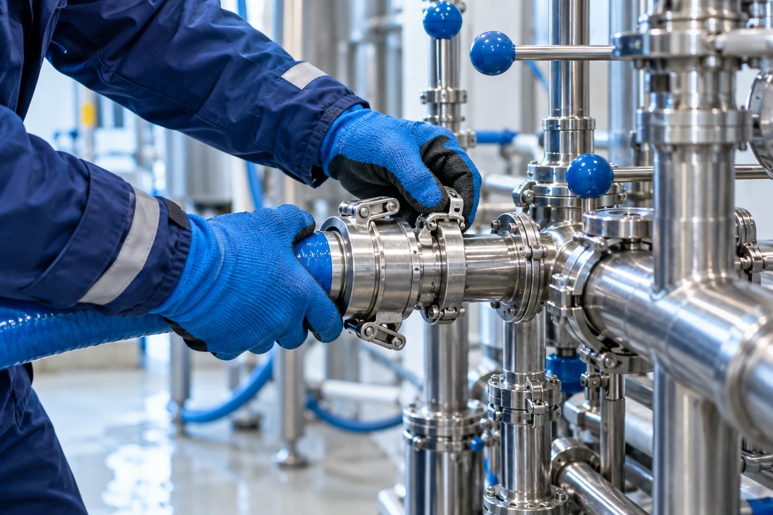 Illustrative maintenance technician connecting a water-system cleaning hose