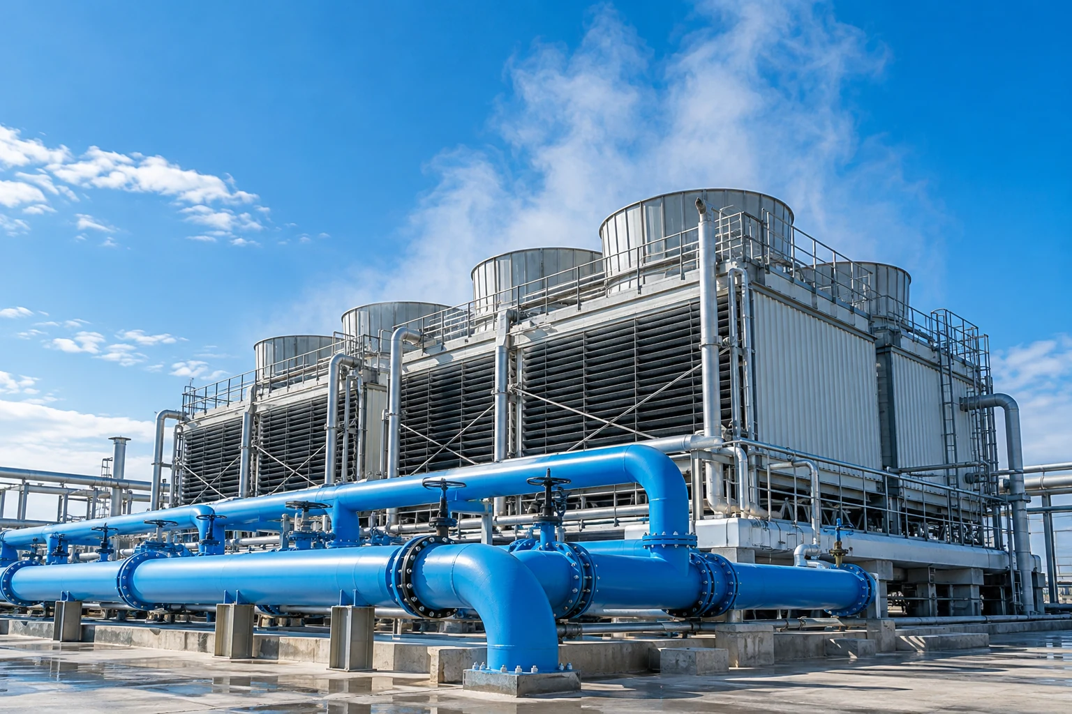 Illustrative mechanical cooling towers and circulation pipework