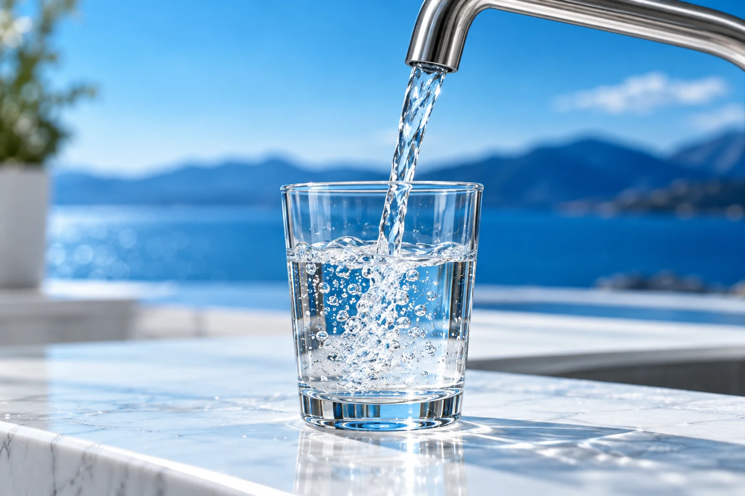 Clear drinking water pouring into a transparent glass