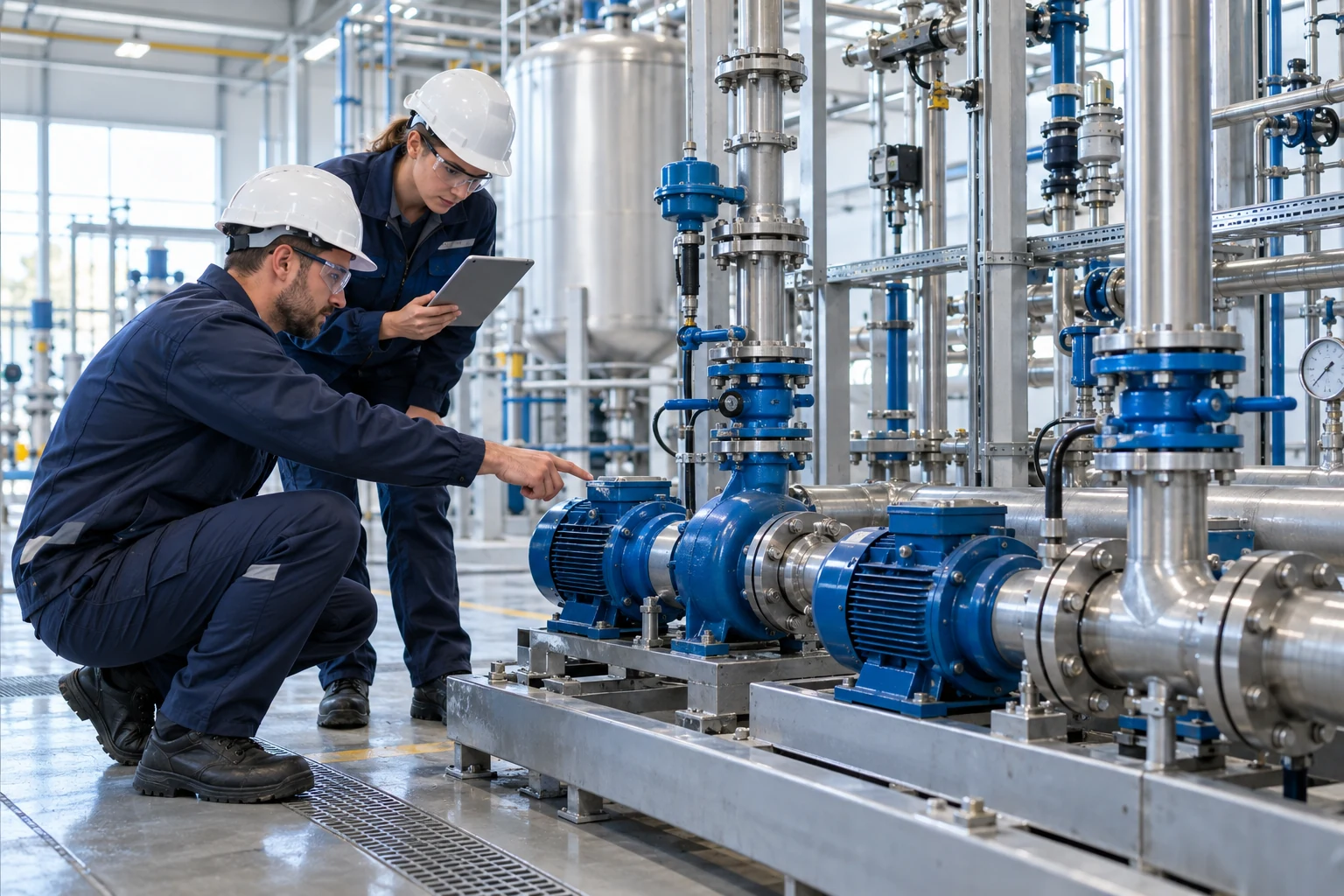 Illustrative engineers inspecting a water pump and dosing skid