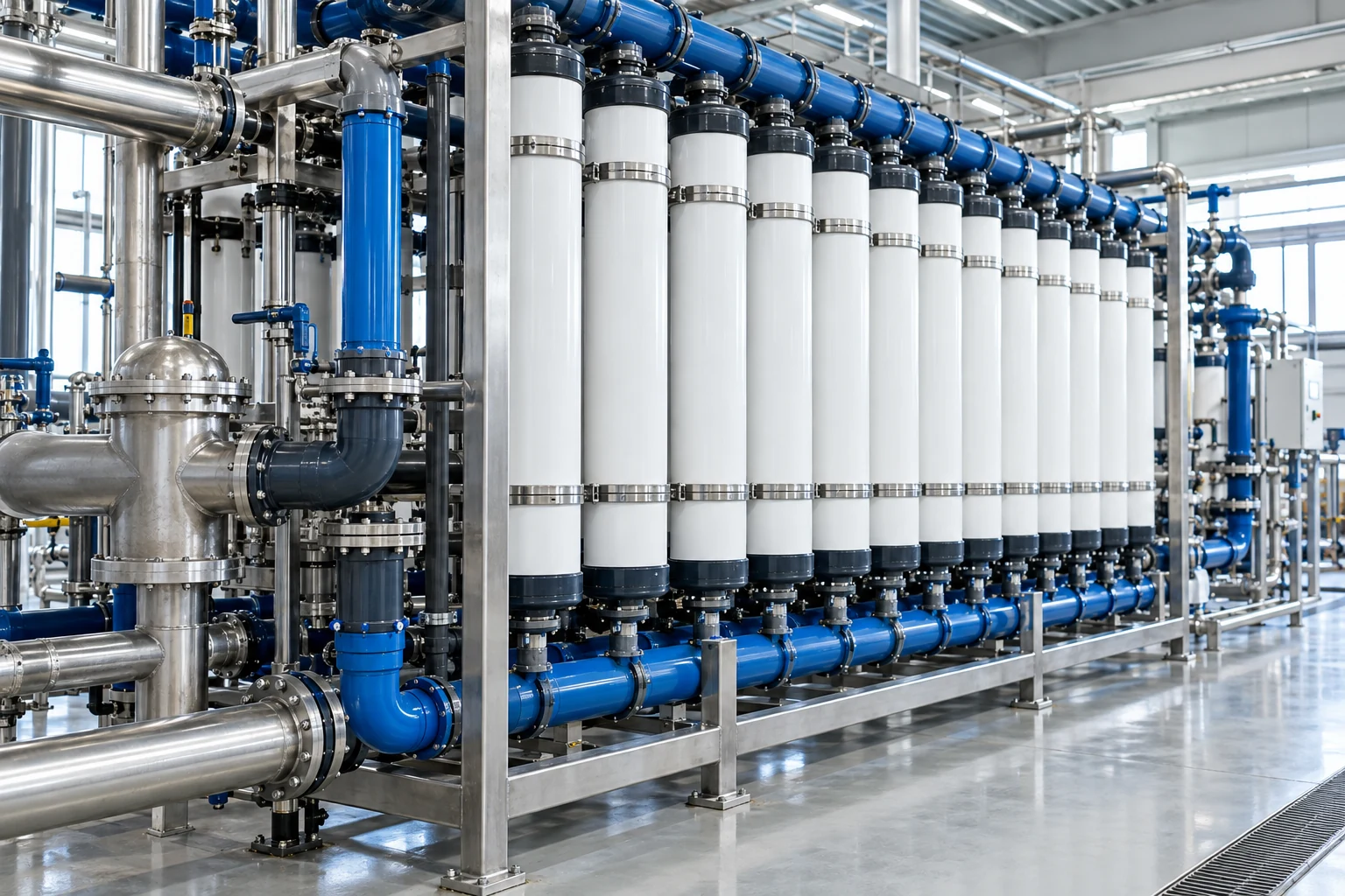 Illustrative ultrafiltration modules and connected water manifolds