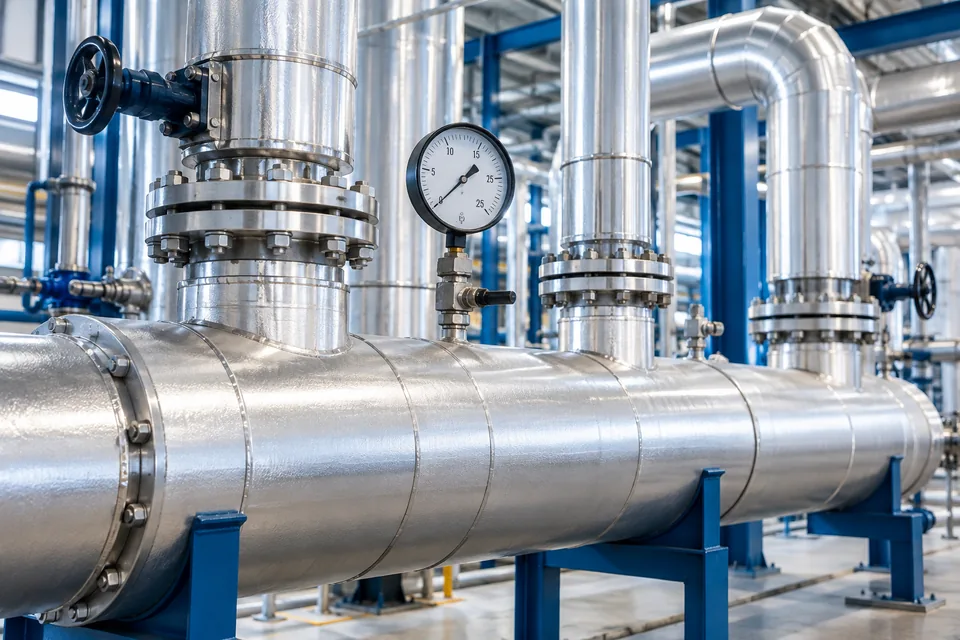 Illustrative boiler steam header and insulated metal pipework