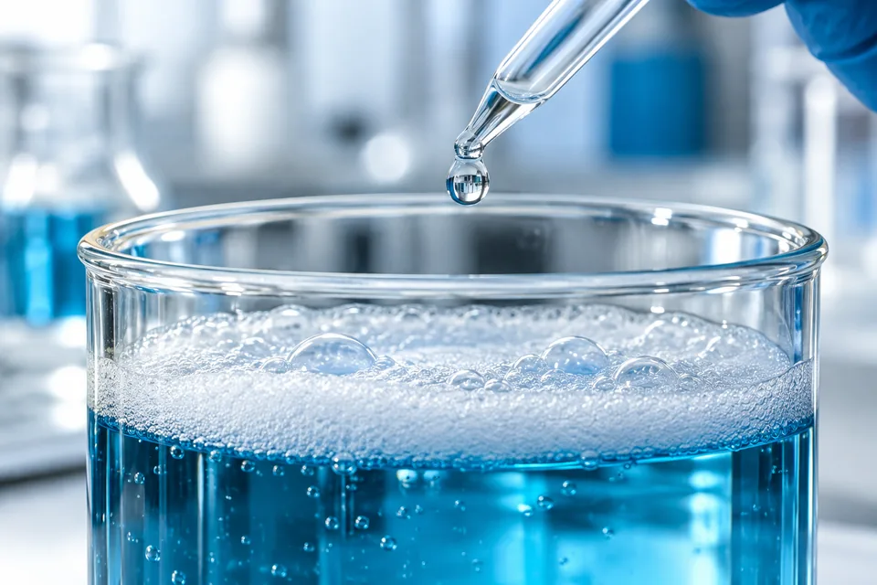 Illustrative laboratory foam-control test and clear liquid droplet