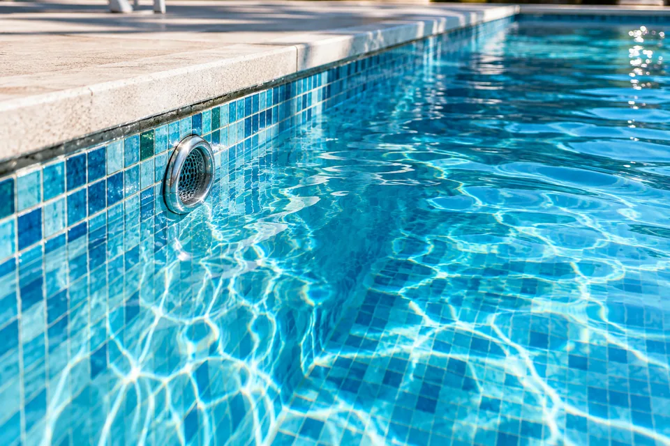 Clear swimming pool water above clean blue mosaic tiles
