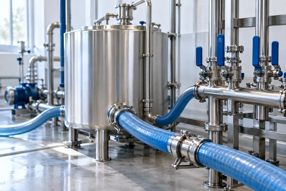 Illustrative clean-in-place equipment and connected maintenance hoses