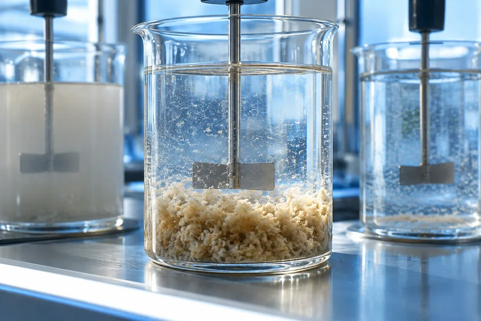 Illustrative laboratory jar test showing settled floc beneath water