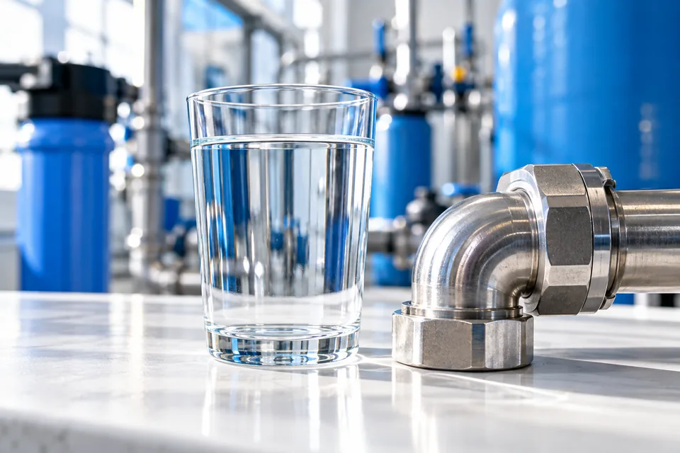 Illustrative potable-water fitting and a glass of clear water