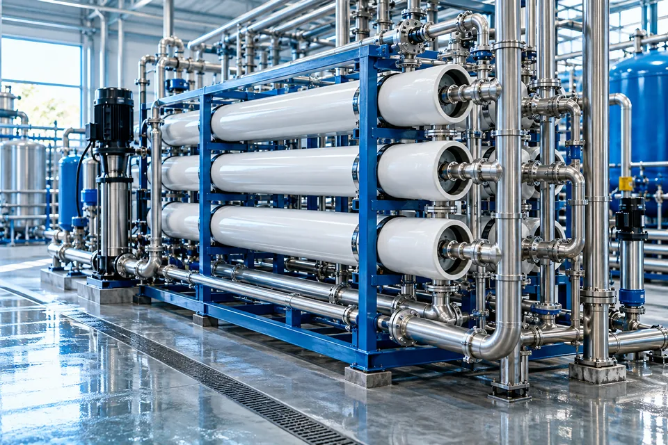 Illustrative reverse-osmosis pressure vessels on a blue frame
