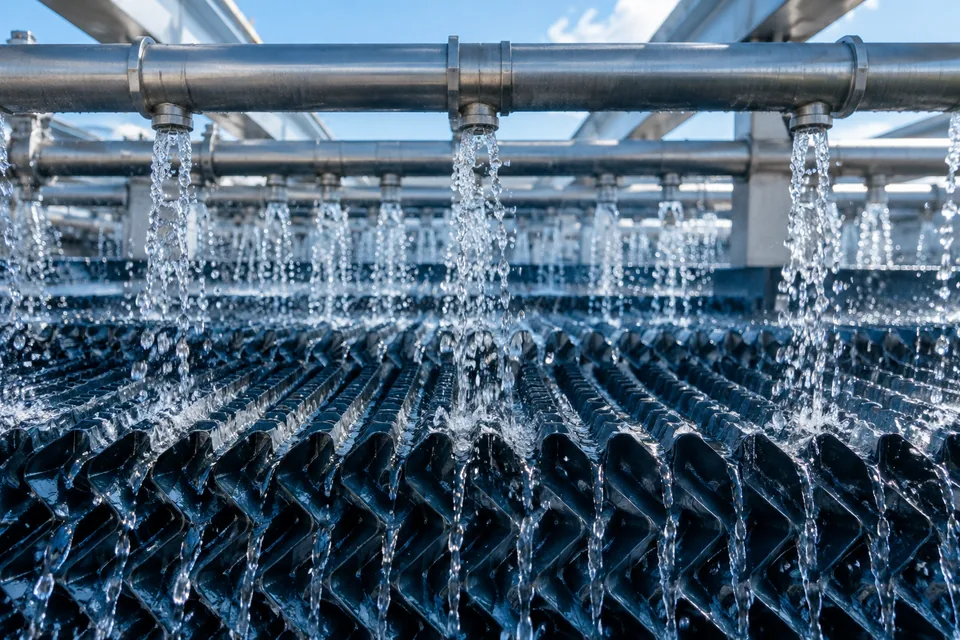 Illustrative cooling-tower fill with clean water distribution