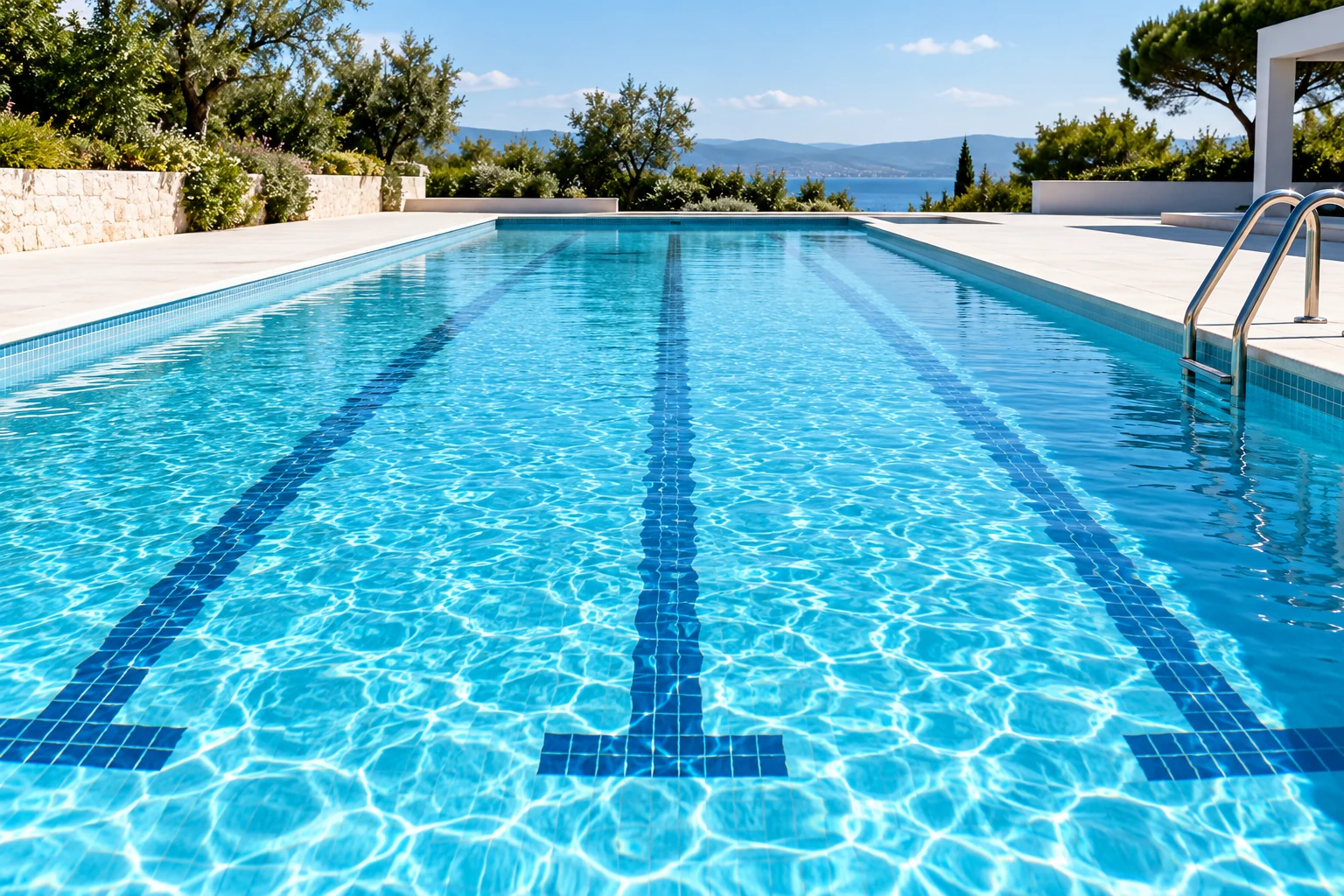 Clear turquoise swimming pool water and stainless ladder