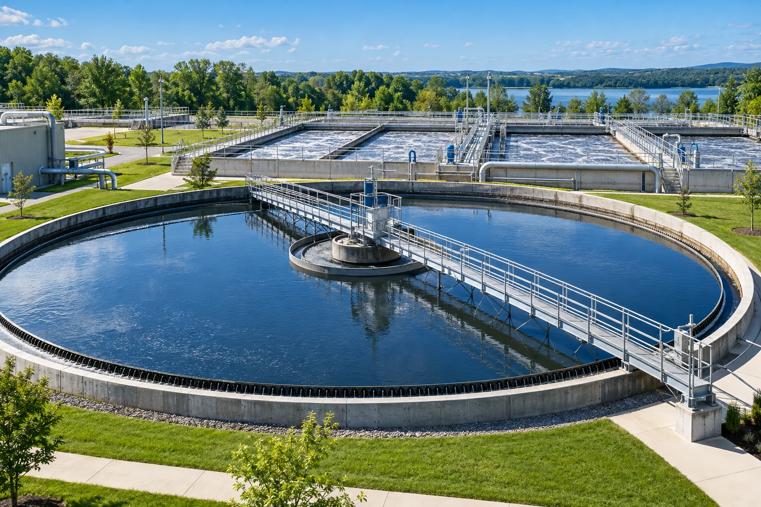 Illustrative wastewater facility with circular clarification basins