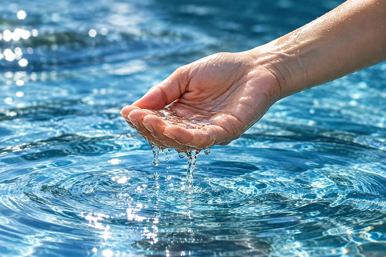 A cupped hand holding clear water above gentle ripples